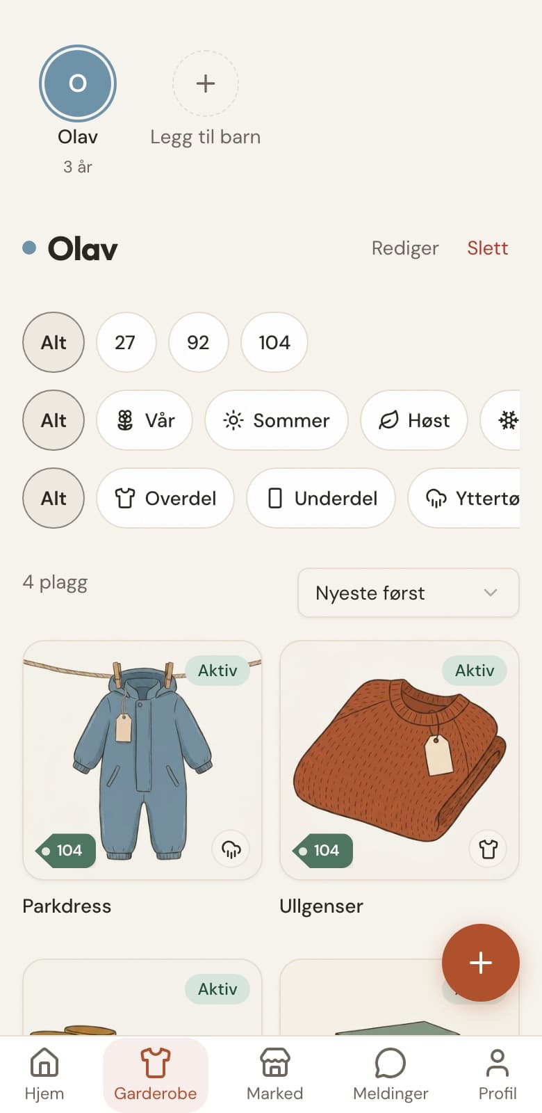 Skjermbilde av garderoben i Plaggi: Olav 3 år, plagg med størrelsesmerkelapper, filtre for størrelse og sesong